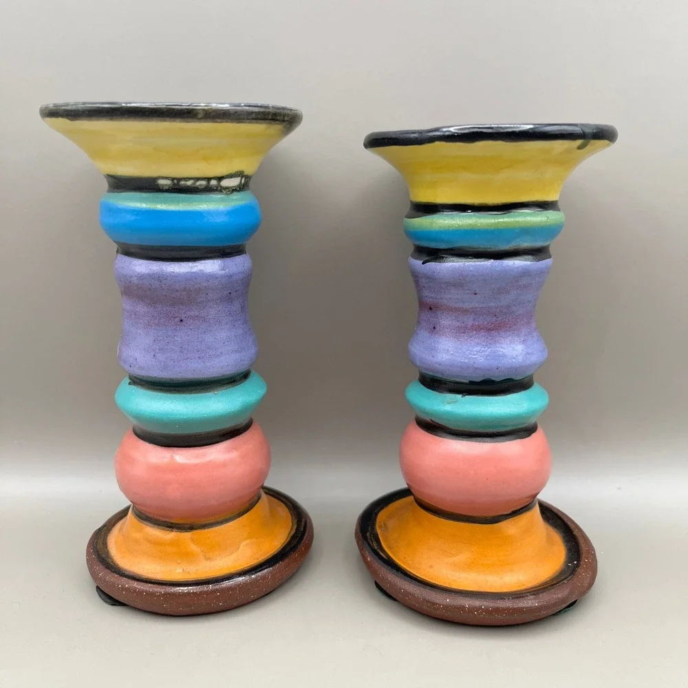 2 Vtg Pottery Postmodern Colorful Stacked‎ Ceramic Candlestick Holders 5.25